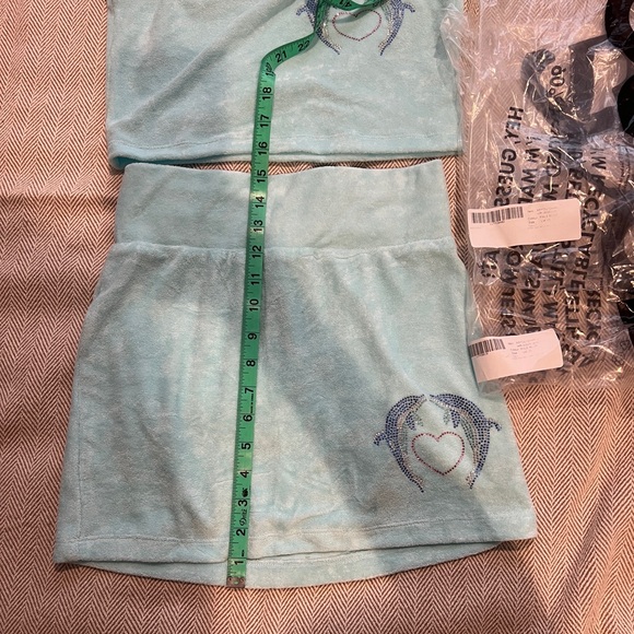 ASYOU Terrycloth Mini Skirt + Halter Crop with Dolphin Graphic Hot Fix in Blue - Picture 13 of 16